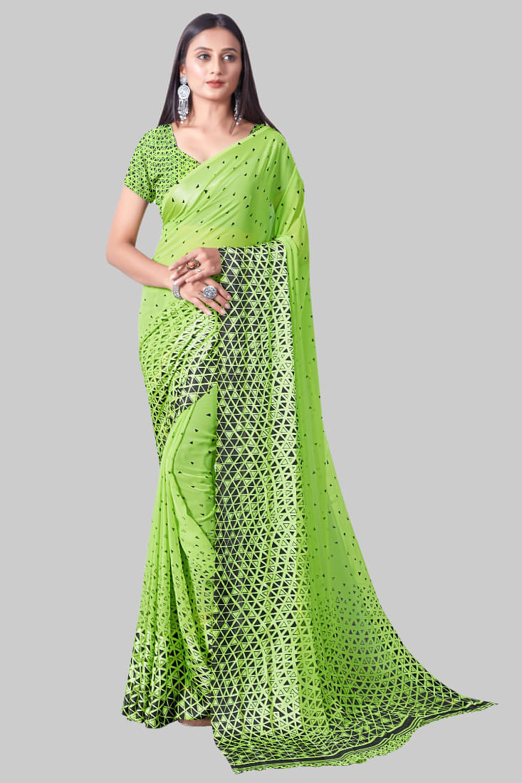     			SHIRODHARI Satin Printed Saree With Unstitched Blouse Piece ( Green )