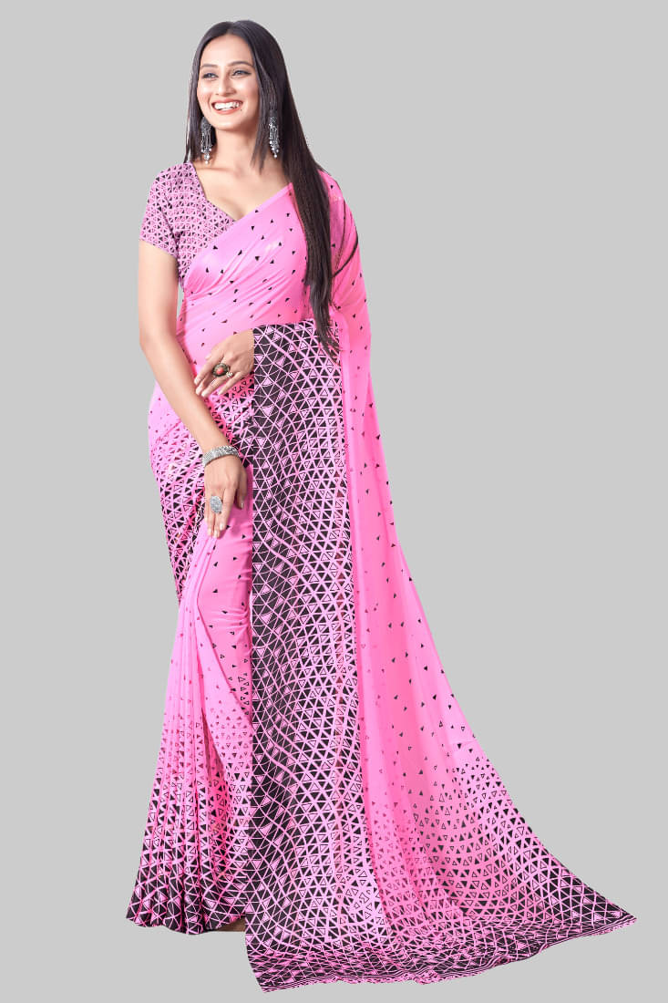 SHIRODHARI Satin Printed Saree With Unstitched Blouse Piece ( Pink ) SHIRODHARI Satin Printed Saree With Unstitched Blouse Piece ( Pink )