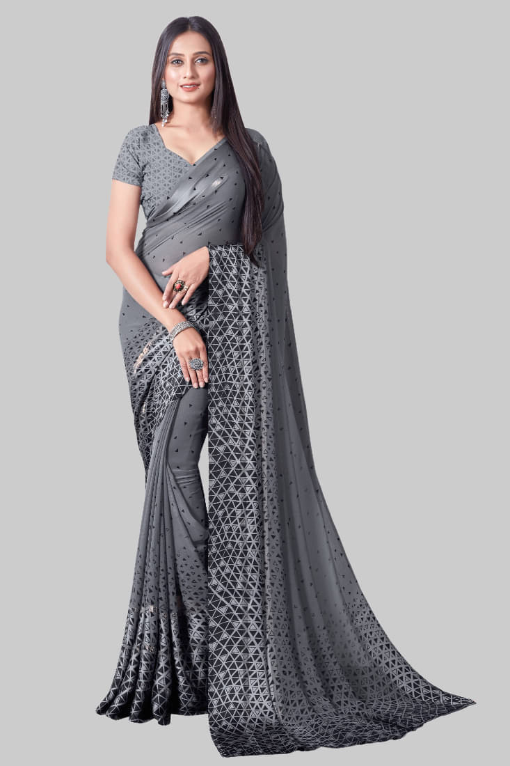 SHIRODHARI Satin Printed Saree With Unstitched Blouse Piece ( Grey ) SHIRODHARI Satin Printed Saree With Unstitched Blouse Piece ( Grey )