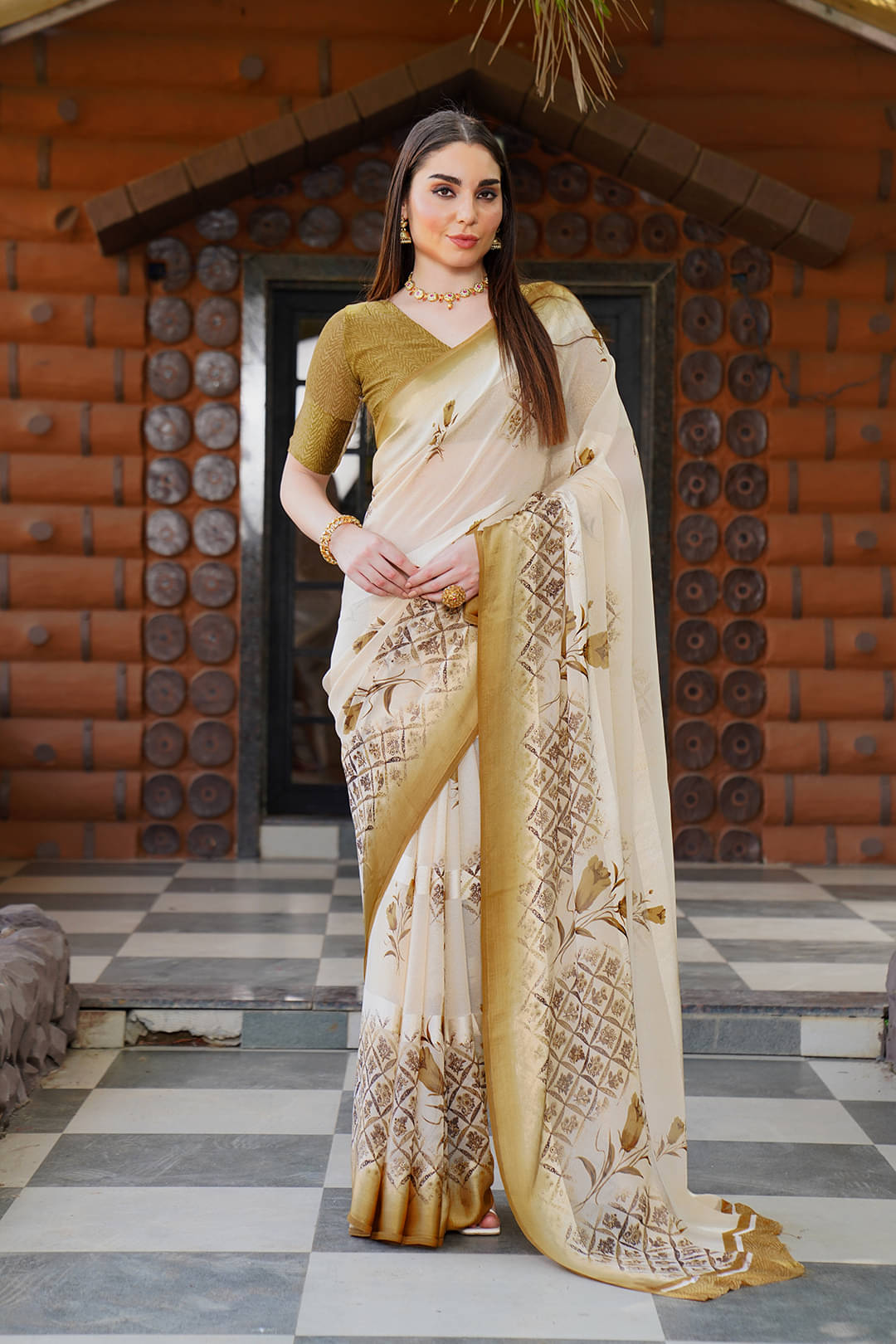 SHIRODHARI Satin Printed Saree With Unstitched Blouse Piece ( Gold ) SHIRODHARI Satin Printed Saree With Unstitched Blouse Piece ( Gold )