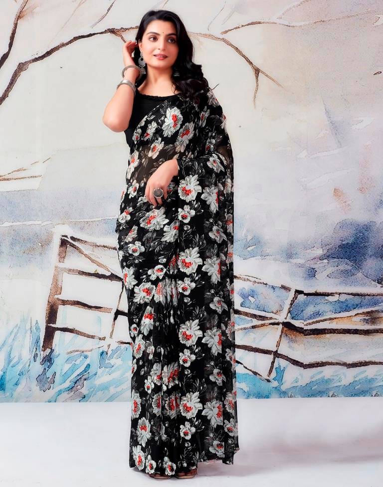     			SHIRODHARI Satin Printed Saree With Unstitched Blouse Piece ( Black )