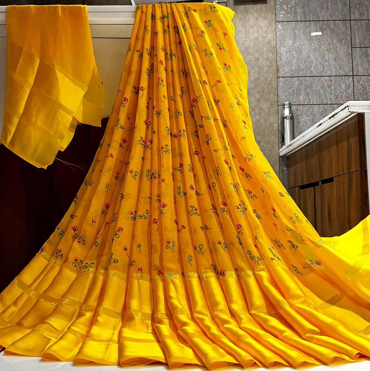 SHIRODHARI Satin Printed Saree With Unstitched Blouse Piece ( Yellow )     			SHIRODHARI Satin Printed Saree With Unstitched Blouse Piece ( Yellow )