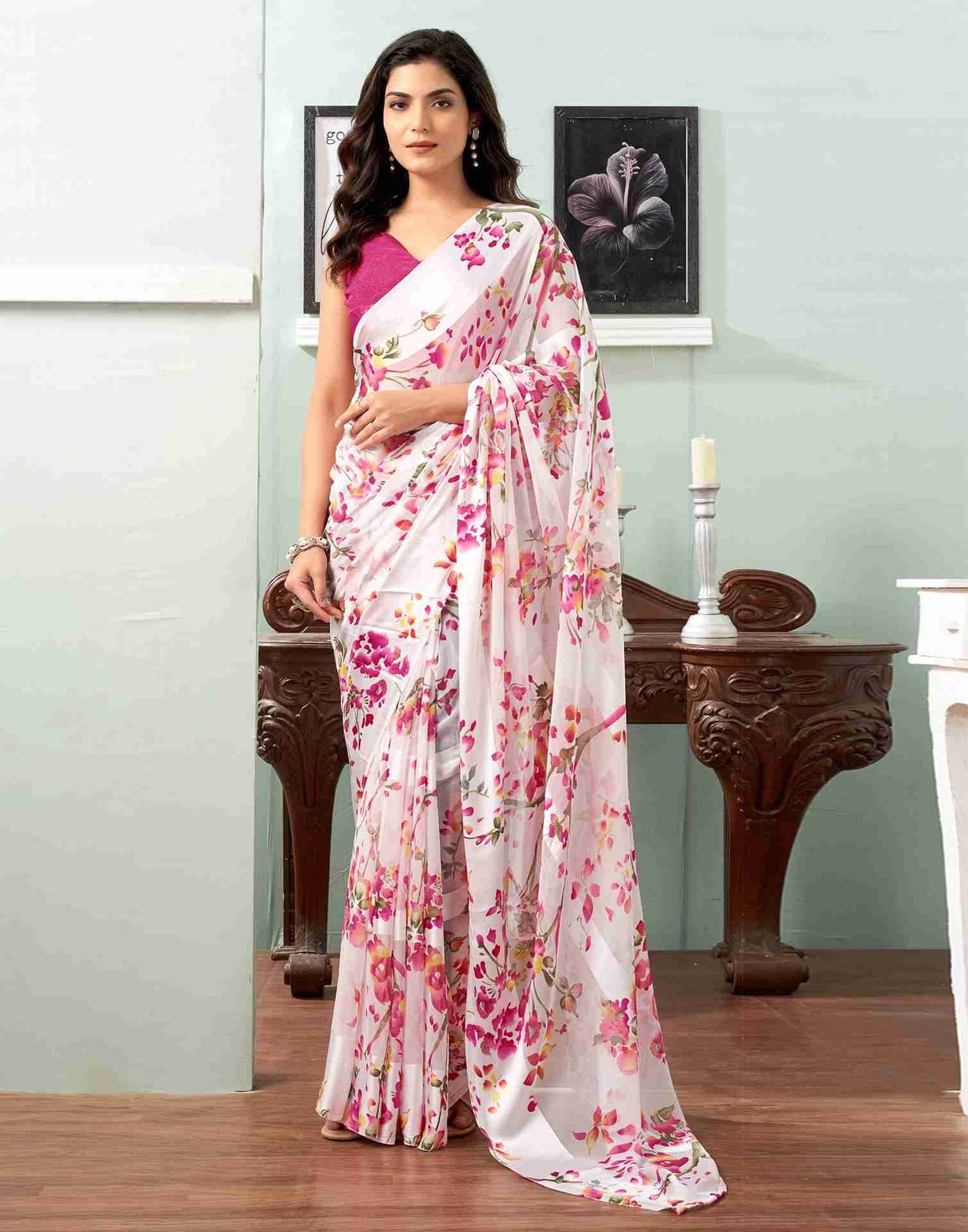 SHIRODHARI Satin Printed Saree With Unstitched Blouse Piece ( Pink ) SHIRODHARI Satin Printed Saree With Unstitched Blouse Piece ( Pink )