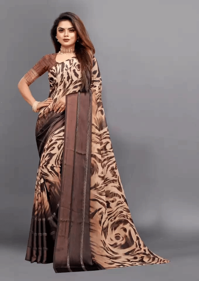 SHIRODHARI Satin Printed Saree With Unstitched Blouse Piece ( Brown ) SHIRODHARI Satin Printed Saree With Unstitched Blouse Piece ( Brown )