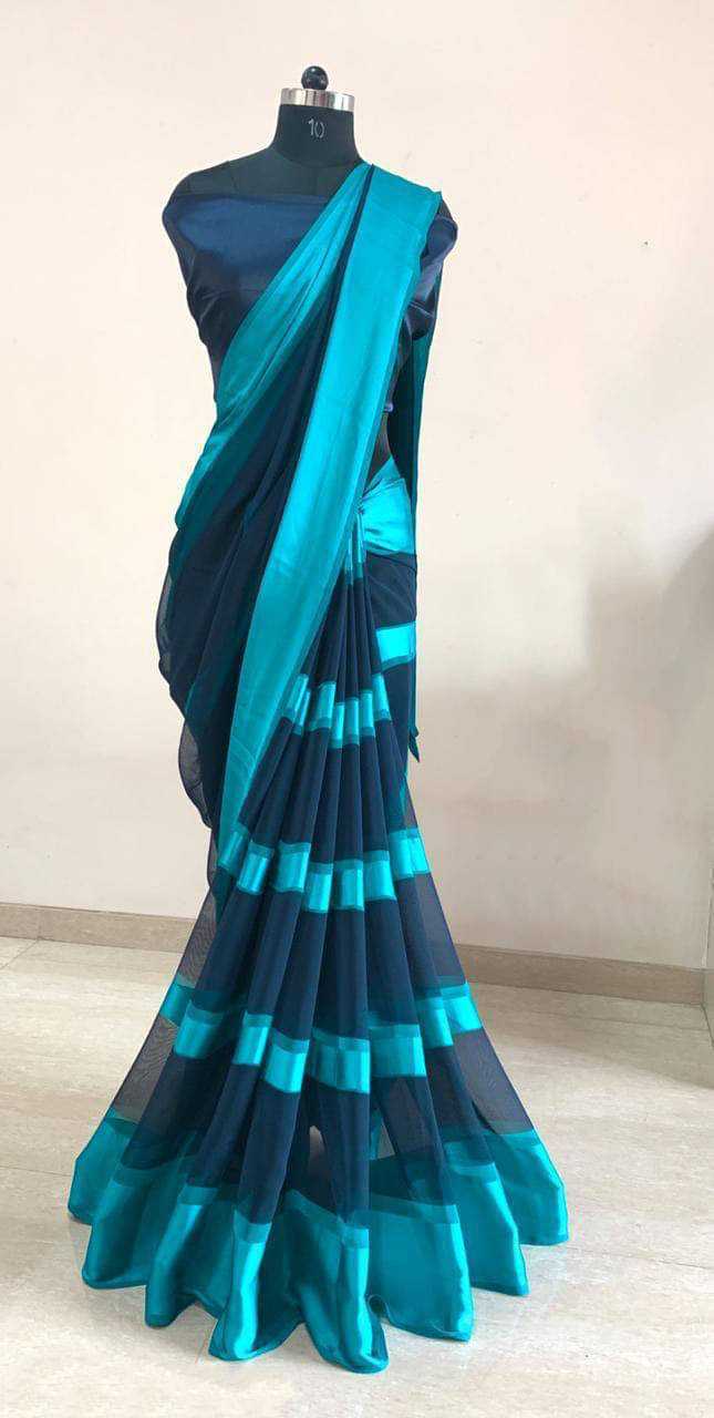 SHIRODHARI Satin Printed Saree With Unstitched Blouse Piece ( Aqua Blue ) SHIRODHARI Satin Printed Saree With Unstitched Blouse Piece ( Aqua Blue )