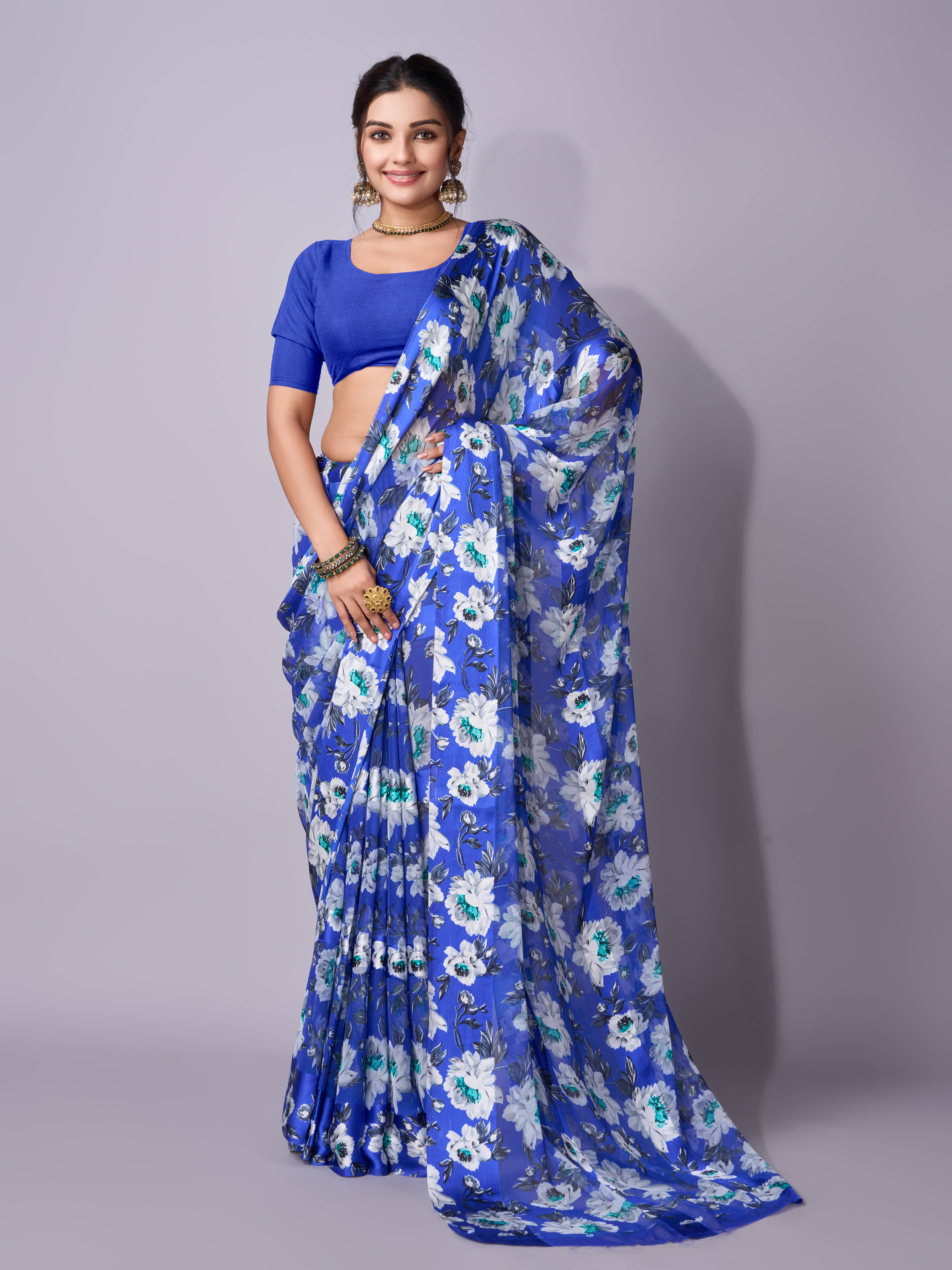 SHIRODHARI Satin Printed Saree With Unstitched Blouse Piece ( Light Blue ) SHIRODHARI Satin Printed Saree With Unstitched Blouse Piece ( Light Blue )