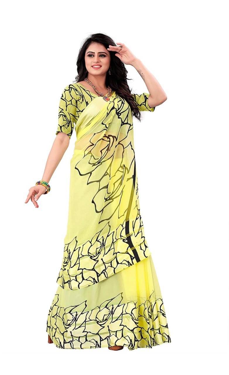     			SHIRODHARI Satin Printed Saree With Unstitched Blouse Piece ( Yellow )