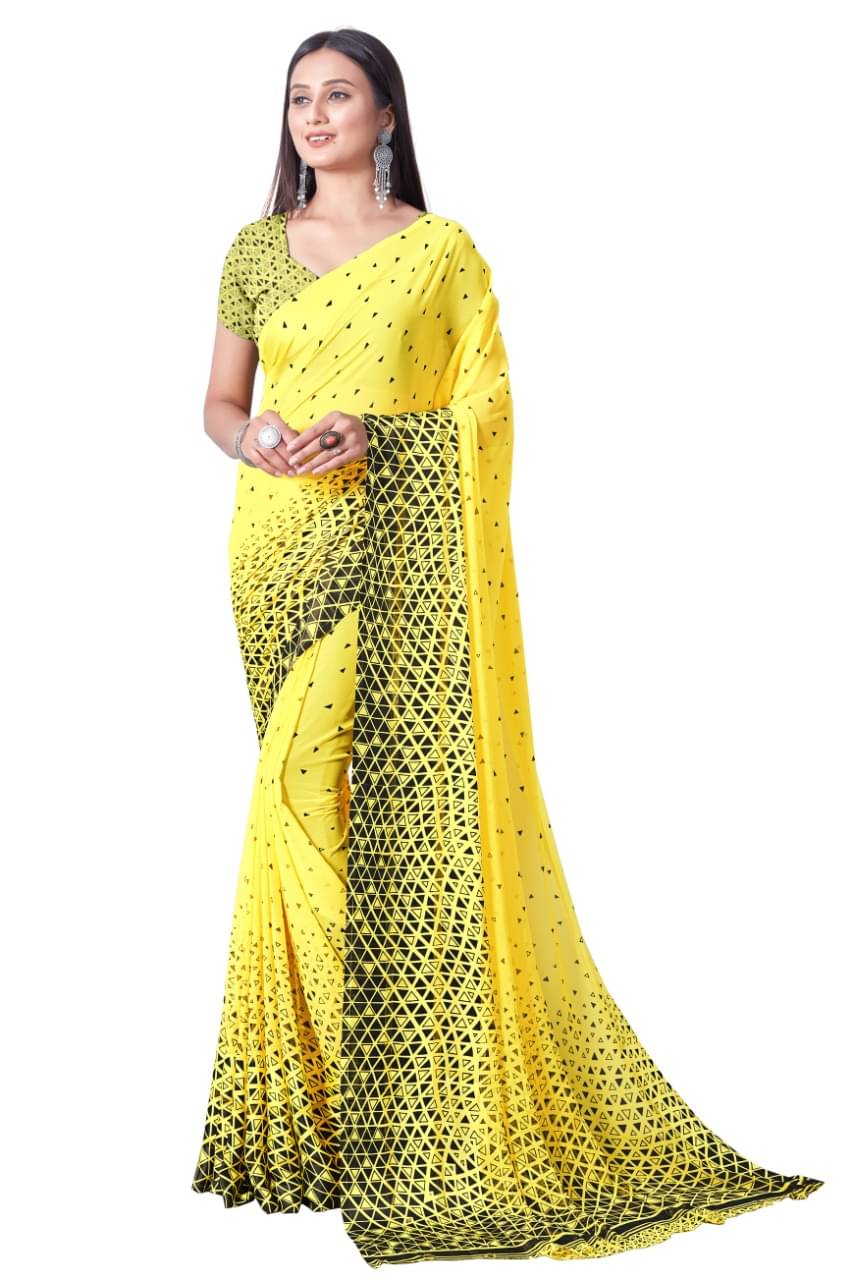     			SHIRODHARI Satin Printed Saree With Unstitched Blouse Piece ( Yellow )