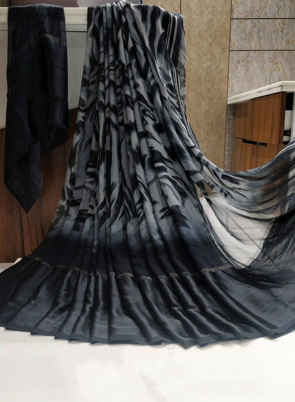 SHIRODHARI Satin Printed Saree With Unstitched Blouse Piece ( Grey ) SHIRODHARI Satin Printed Saree With Unstitched Blouse Piece ( Grey )