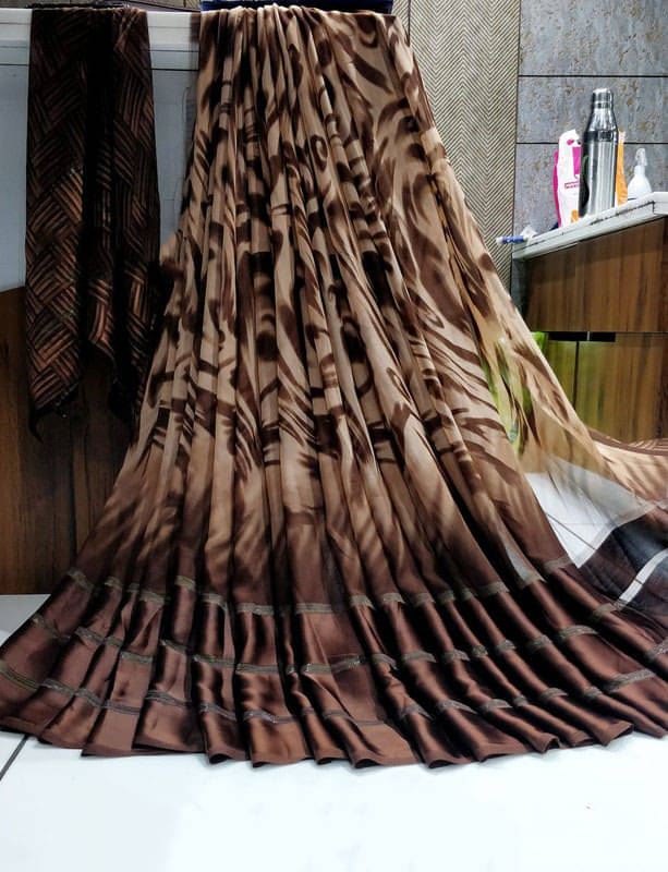     			SHIRODHARI Satin Printed Saree With Unstitched Blouse Piece ( Brown )