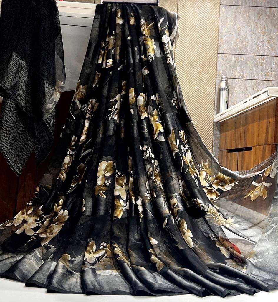     			SHIRODHARI Satin Printed Saree With Unstitched Blouse Piece ( Black )