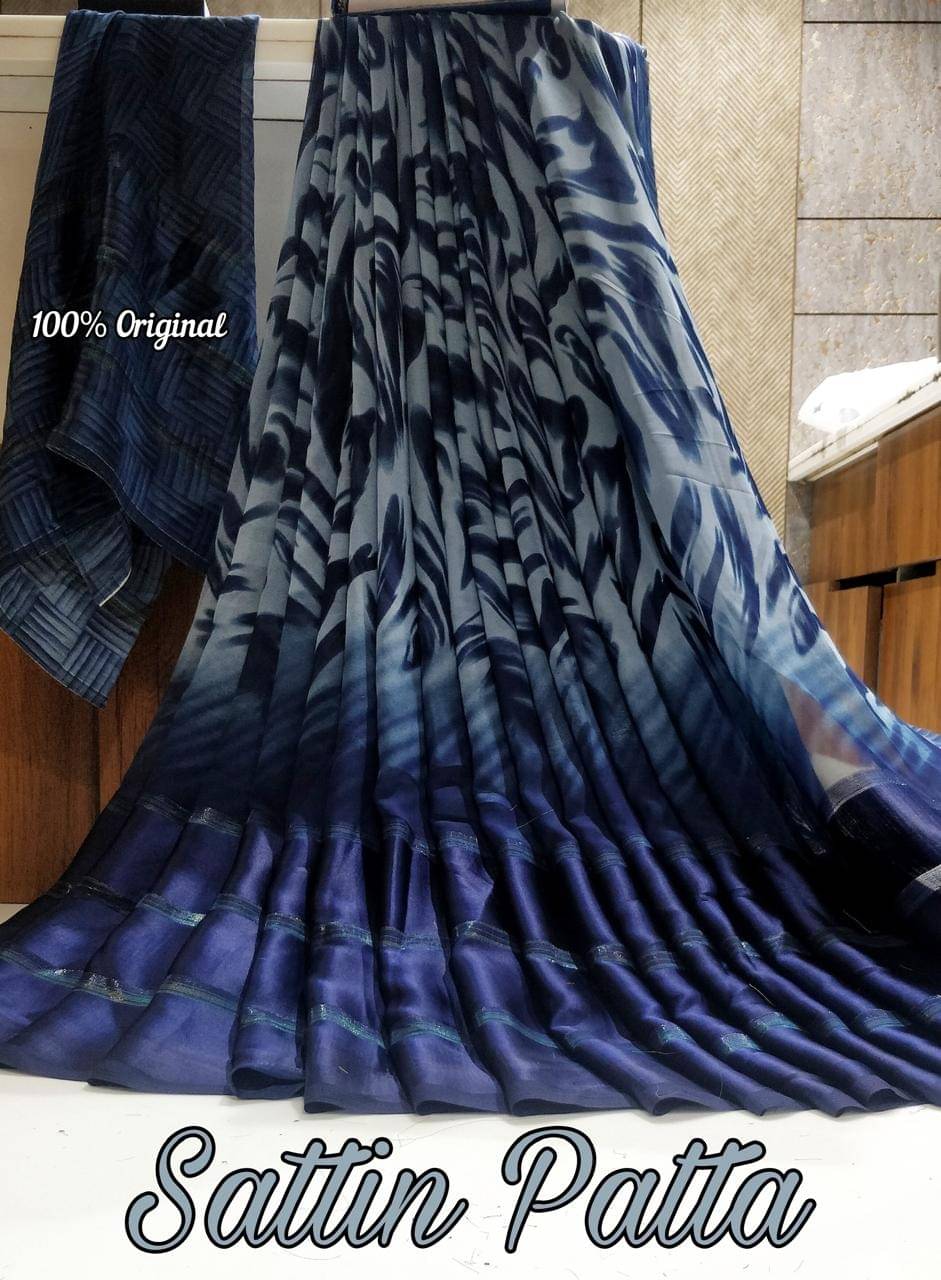     			SHIRODHARI Satin Printed Saree With Unstitched Blouse Piece ( Navy Blue )