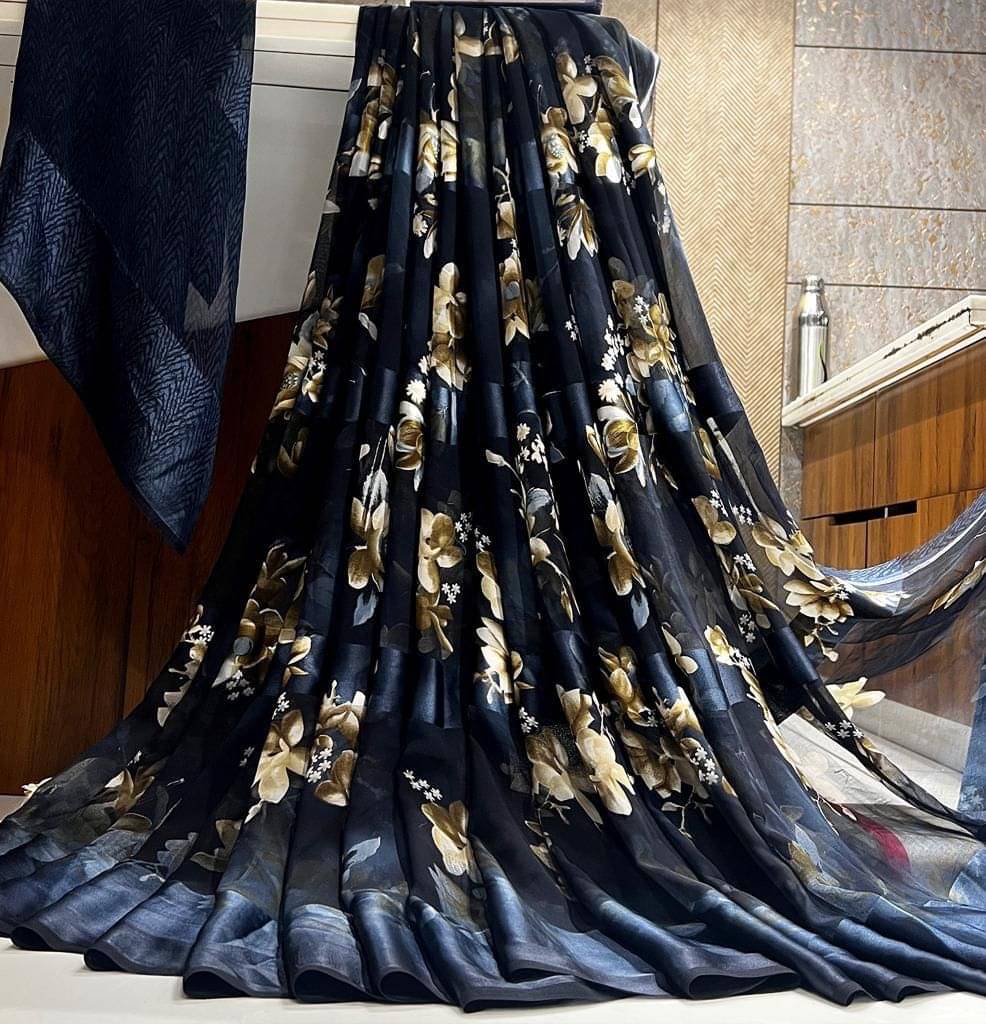     			SHIRODHARI Satin Printed Saree With Unstitched Blouse Piece ( Navy Blue )