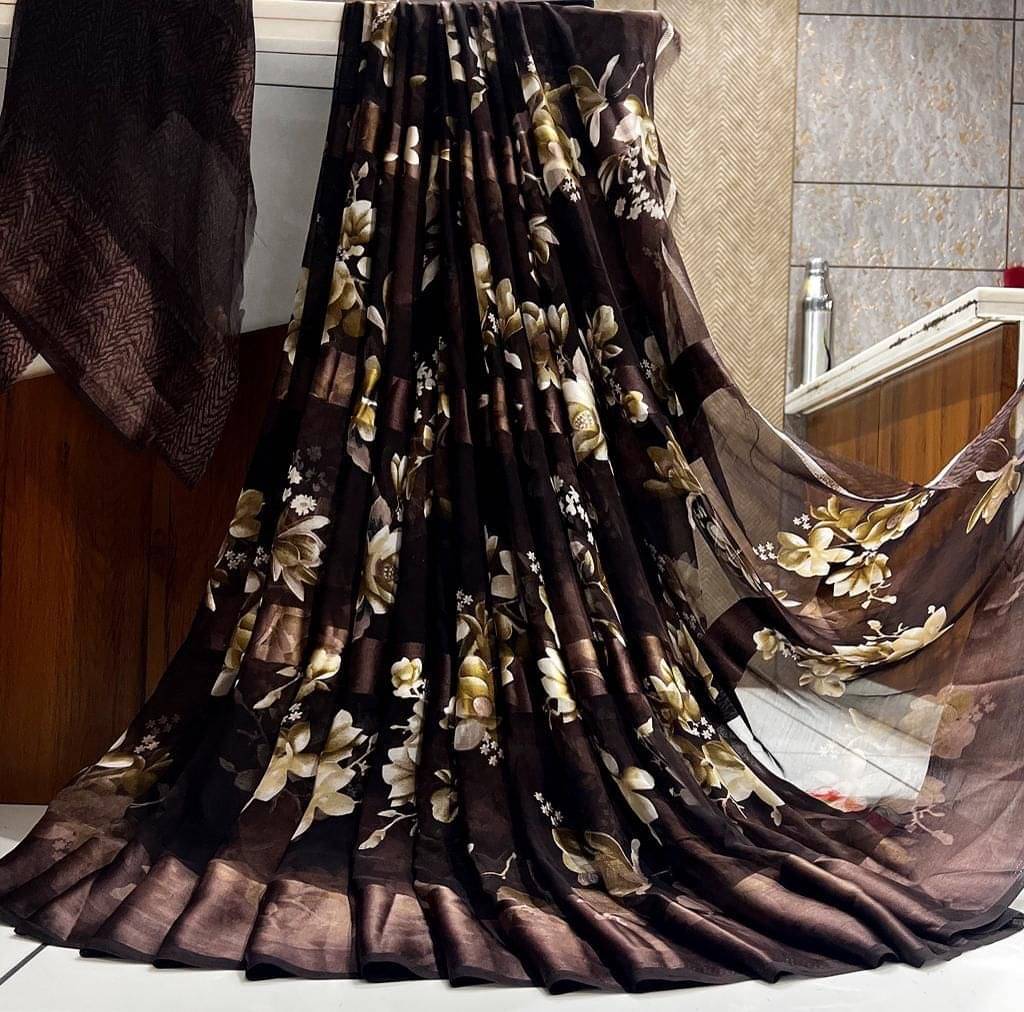     			SHIRODHARI Satin Printed Saree With Unstitched Blouse Piece ( Brown )