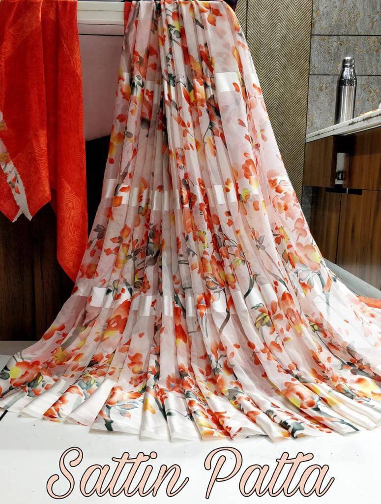     			SHIRODHARI Satin Printed Saree With Unstitched Blouse Piece ( Orange )