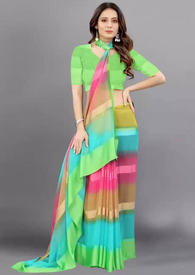     			SHIRODHARI Satin Printed Saree With Unstitched Blouse Piece ( Green )