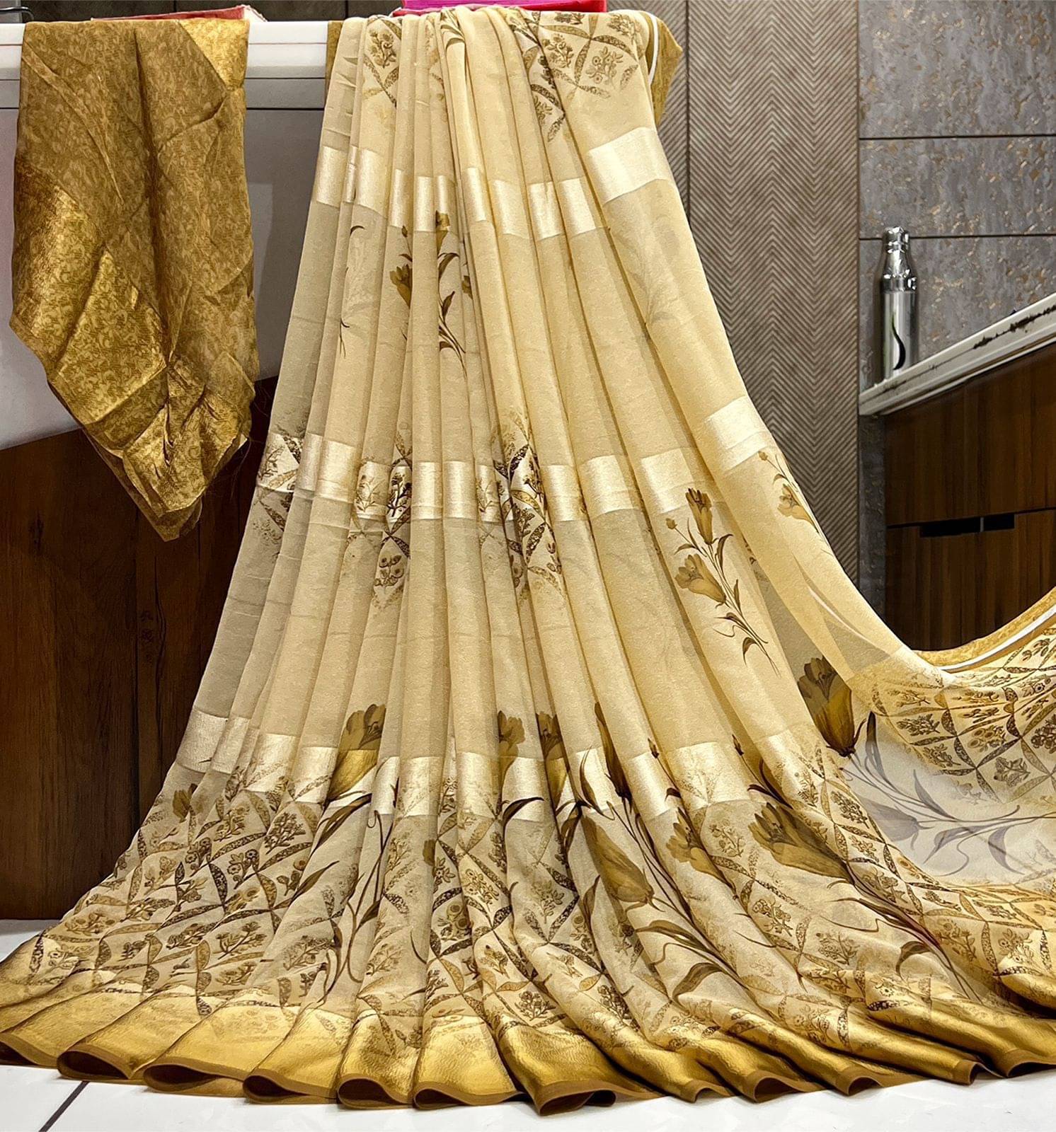 SHIRODHARI Satin Printed Saree With Unstitched Blouse Piece ( Gold ) SHIRODHARI Satin Printed Saree With Unstitched Blouse Piece ( Gold )