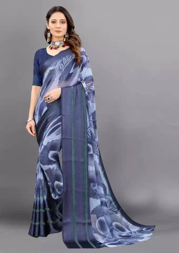     			SHIRODHARI Satin Printed Saree With Unstitched Blouse Piece ( Navy Blue )