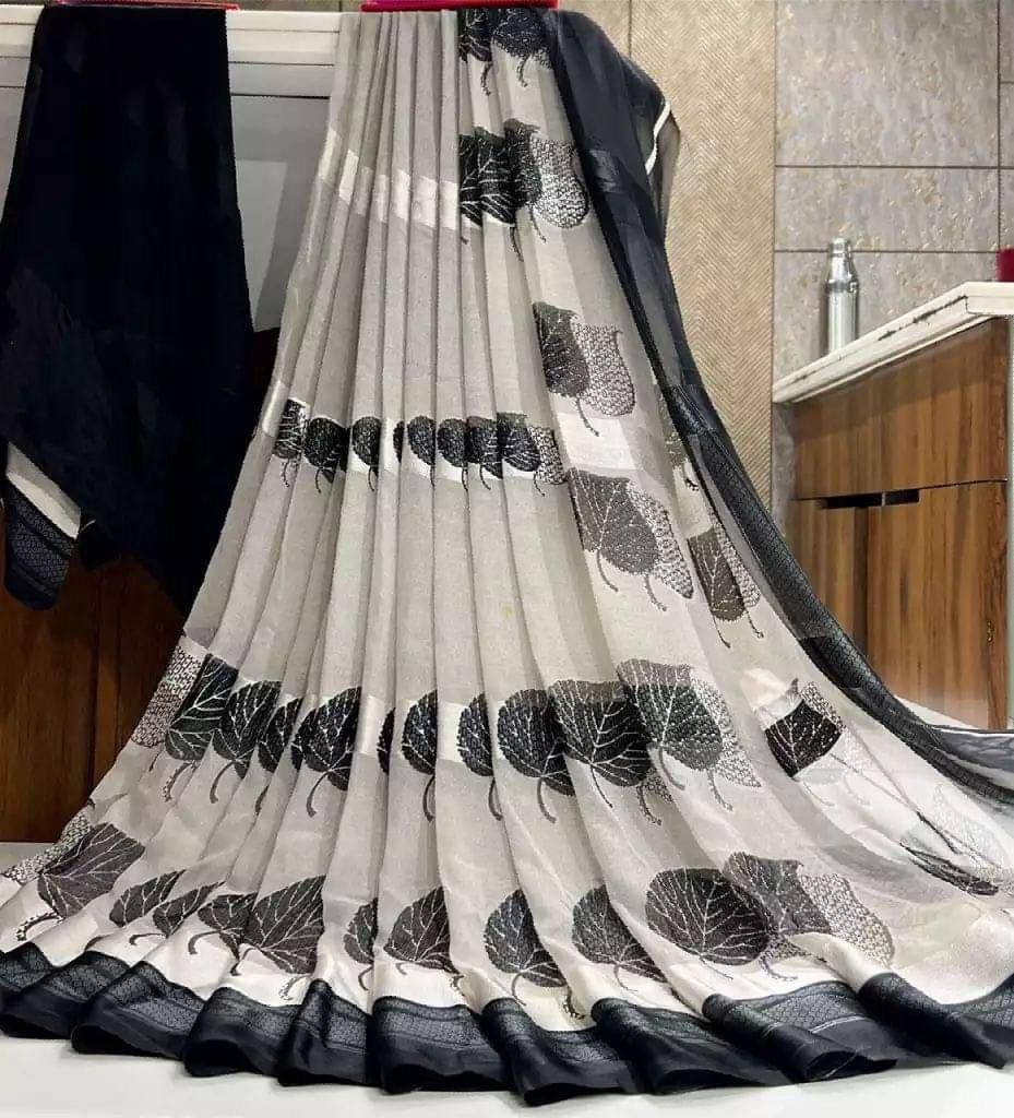 SHIRODHARI Satin Printed Saree With Unstitched Blouse Piece ( Grey ) SHIRODHARI Satin Printed Saree With Unstitched Blouse Piece ( Grey )