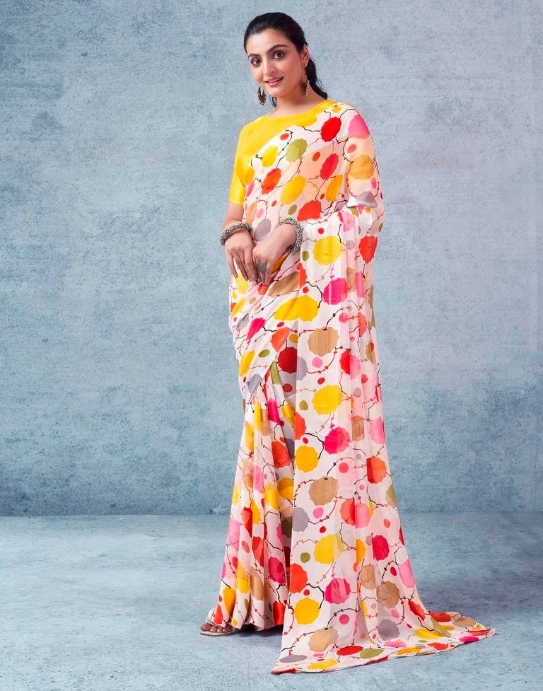    			SHIRODHARI Satin Printed Saree With Unstitched Blouse Piece ( Yellow )