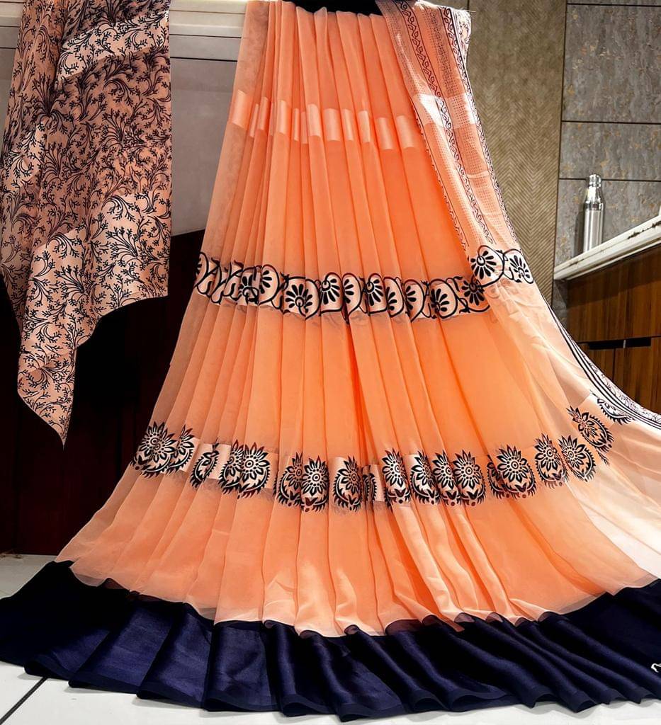SHIRODHARI Satin Printed Saree With Unstitched Blouse Piece ( Peach )     			SHIRODHARI Satin Printed Saree With Unstitched Blouse Piece ( Peach )