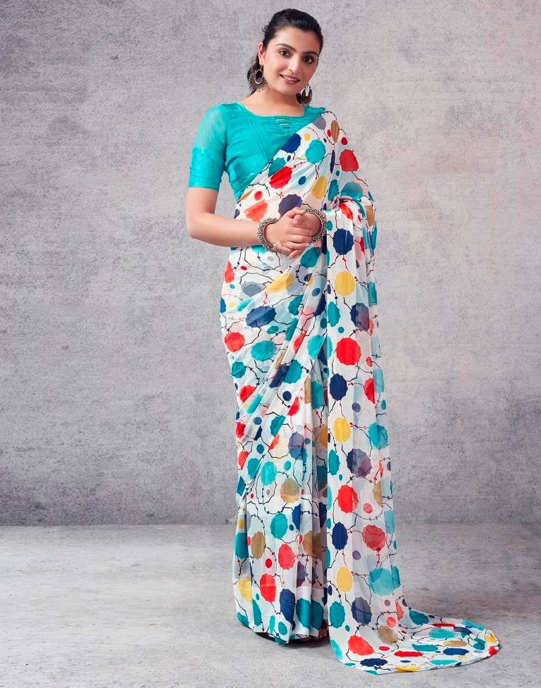 SHIRODHARI Satin Printed Saree With Unstitched Blouse Piece ( Light Blue ) SHIRODHARI Satin Printed Saree With Unstitched Blouse Piece ( Light Blue )