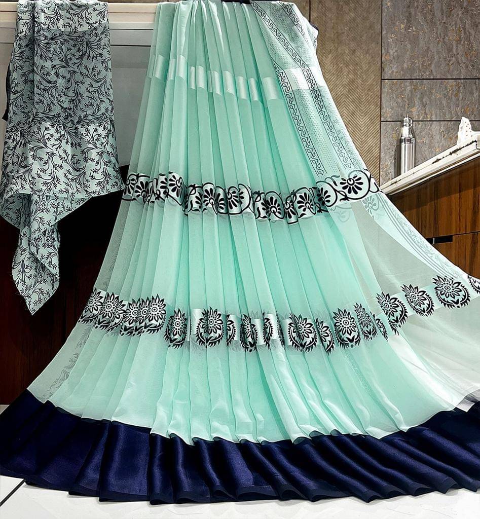 SHIRODHARI Satin Printed Saree With Unstitched Blouse Piece ( Aqua Blue ) SHIRODHARI Satin Printed Saree With Unstitched Blouse Piece ( Aqua Blue )