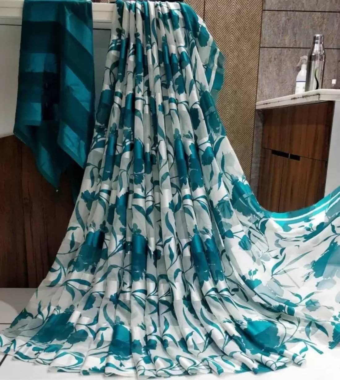 SHIRODHARI Satin Printed Saree With Unstitched Blouse Piece ( Aqua Blue ) SHIRODHARI Satin Printed Saree With Unstitched Blouse Piece ( Aqua Blue )