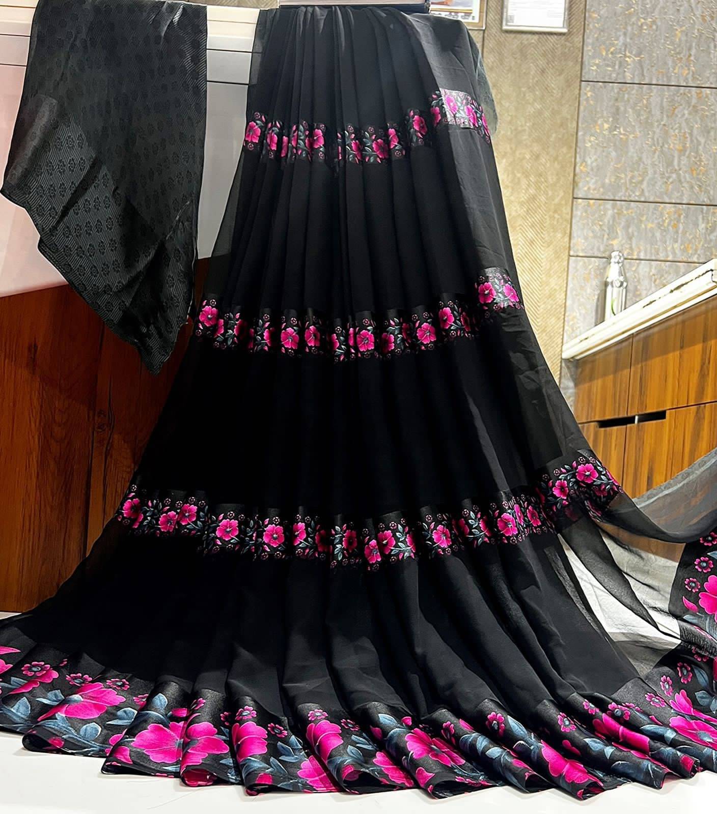 SHIRODHARI Satin Printed Saree With Unstitched Blouse Piece ( Pink ) SHIRODHARI Satin Printed Saree With Unstitched Blouse Piece ( Pink )