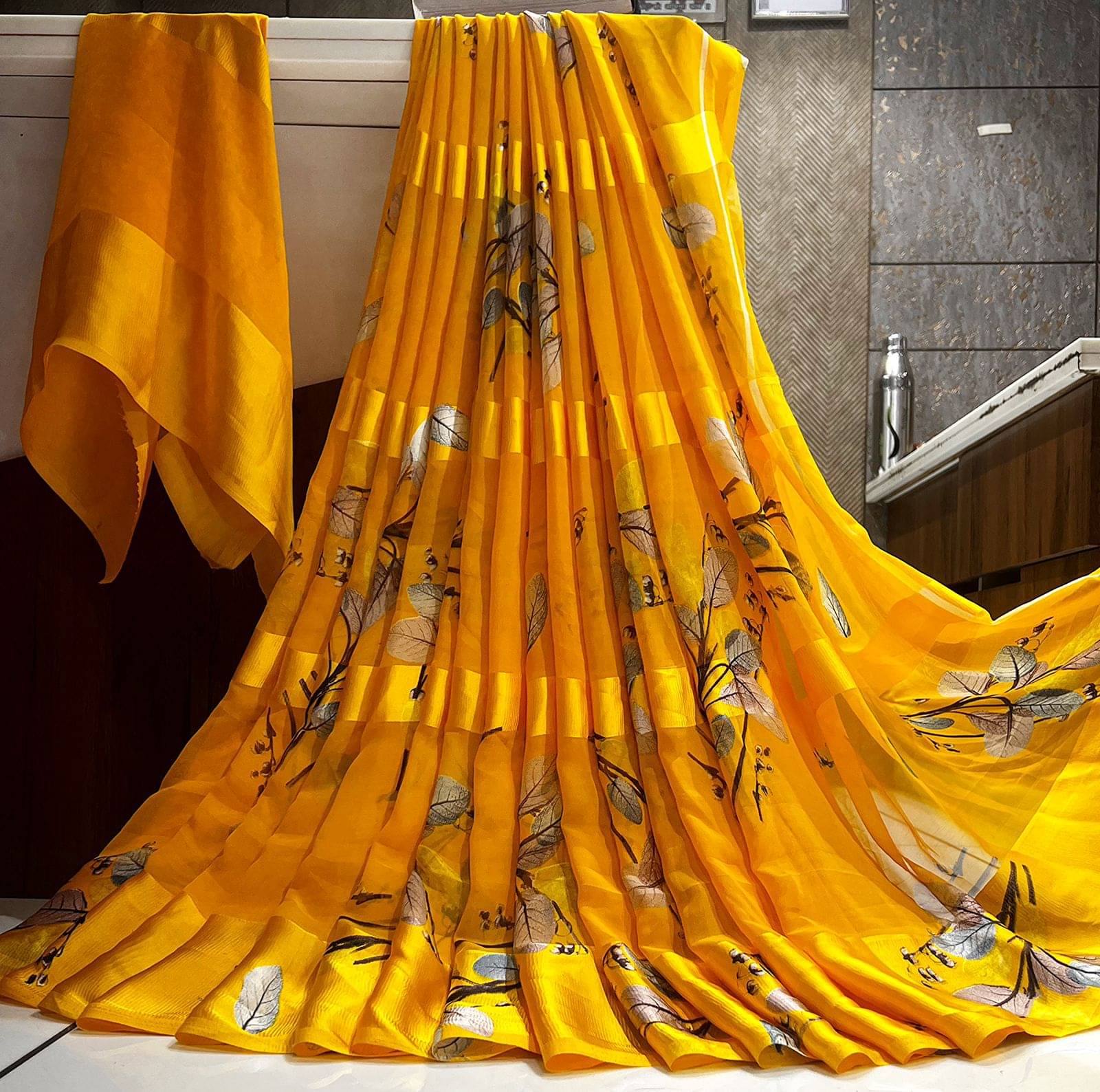 SHIRODHARI Satin Printed Saree With Unstitched Blouse Piece ( Yellow ) SHIRODHARI Satin Printed Saree With Unstitched Blouse Piece ( Yellow )