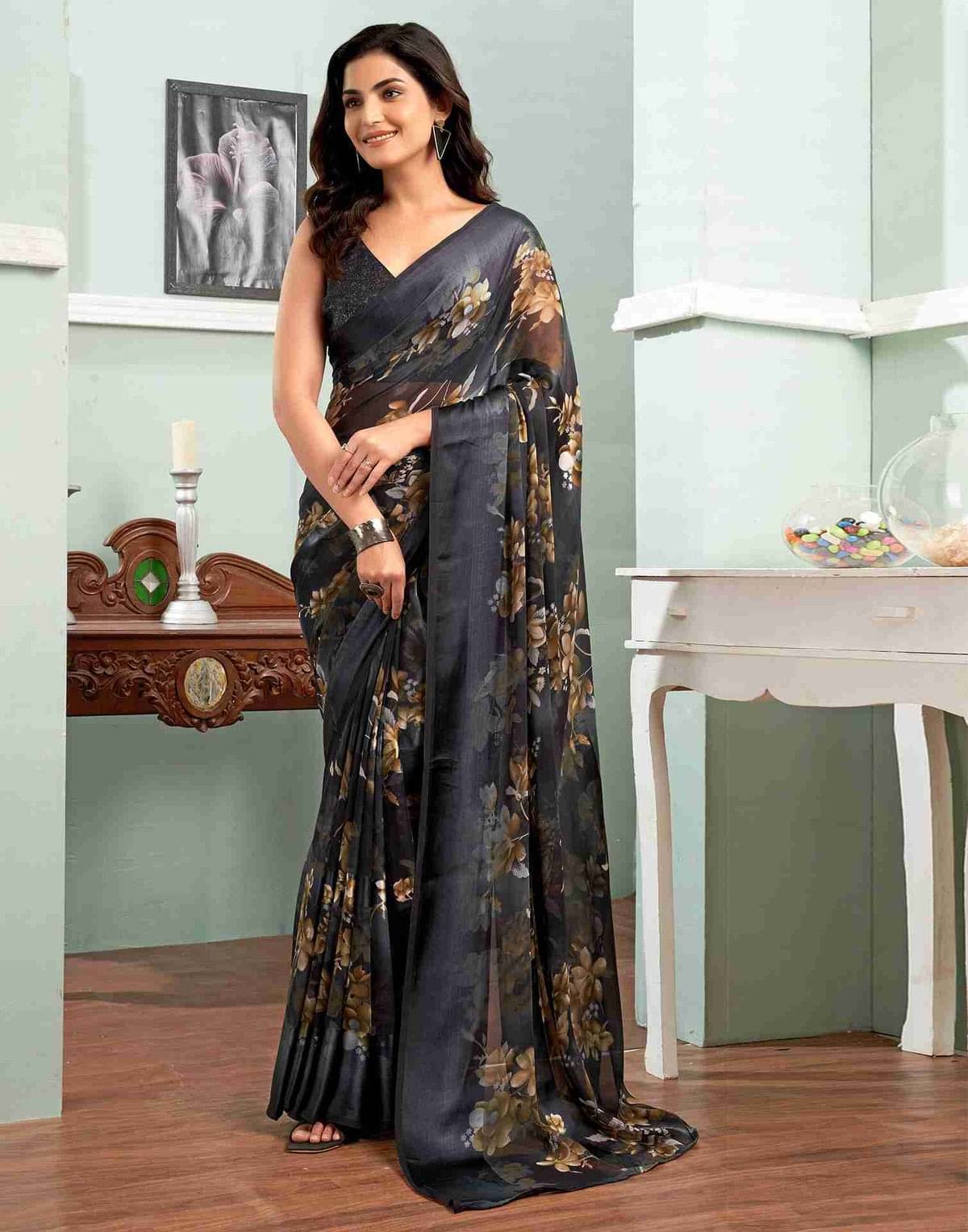 SHIRODHARI Satin Printed Saree With Unstitched Blouse Piece ( Black ) SHIRODHARI Satin Printed Saree With Unstitched Blouse Piece ( Black )