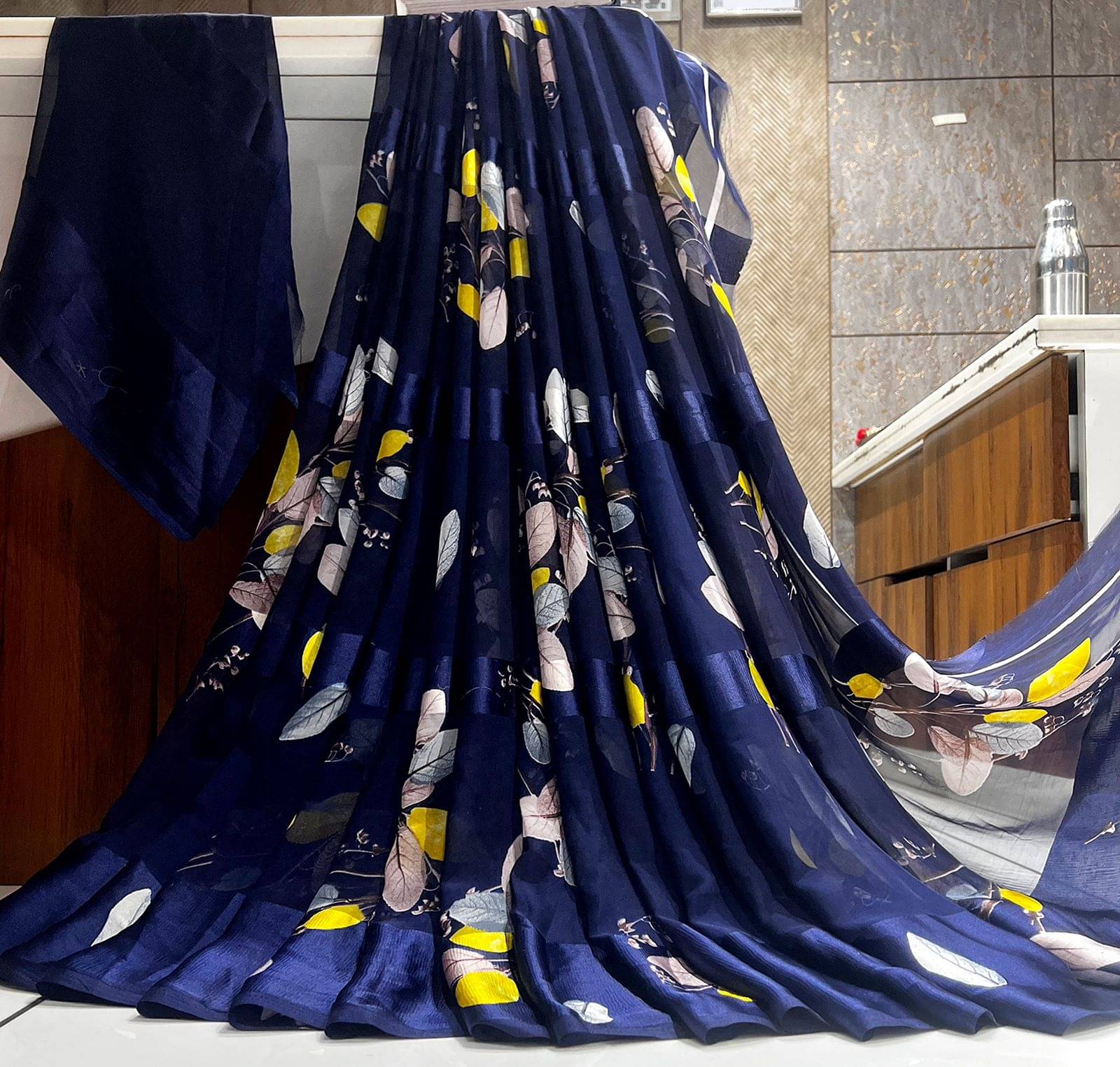 SHIRODHARI Satin Printed Saree With Unstitched Blouse Piece ( Blue ) SHIRODHARI Satin Printed Saree With Unstitched Blouse Piece ( Blue )