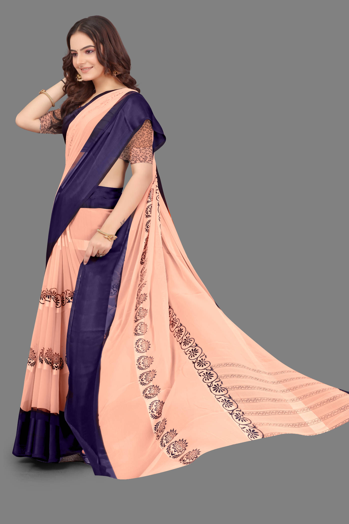     			SHIRODHARI Satin Printed Saree With Unstitched Blouse Piece ( Peach )
