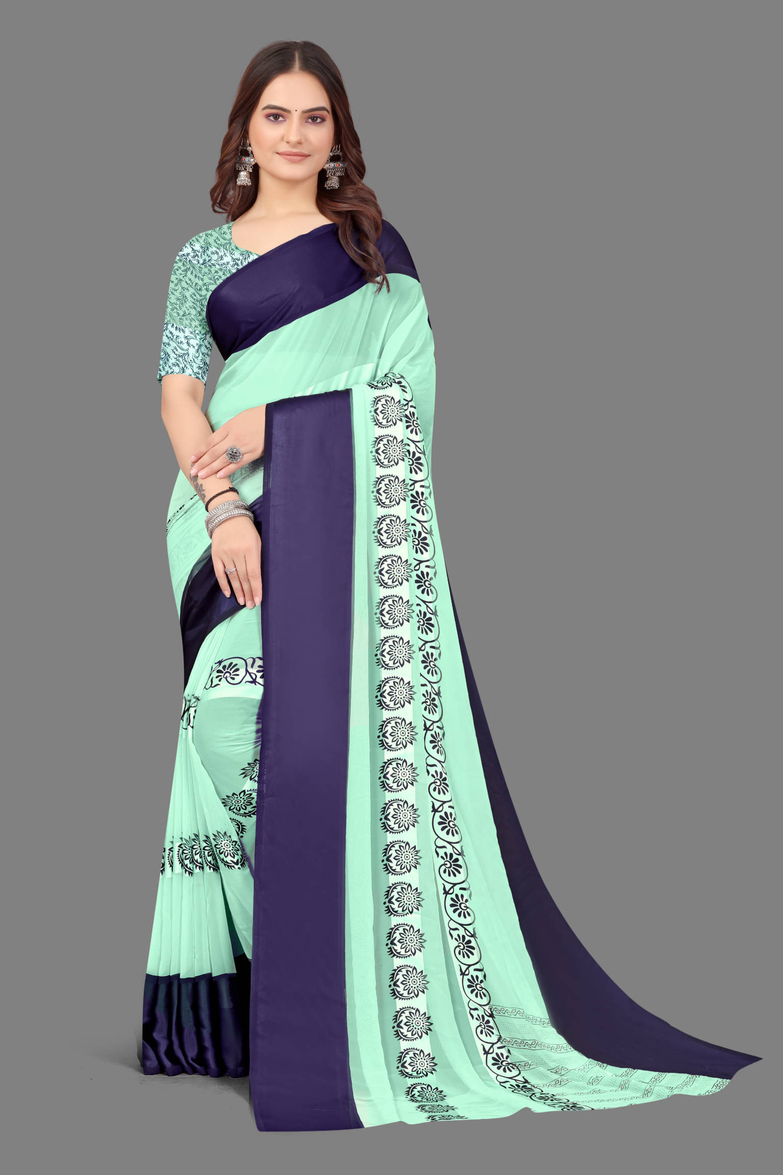SHIRODHARI Satin Printed Saree With Unstitched Blouse Piece ( Aqua Blue ) SHIRODHARI Satin Printed Saree With Unstitched Blouse Piece ( Aqua Blue )