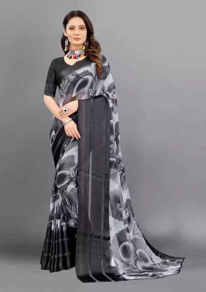 SHIRODHARI Satin Printed Saree With Unstitched Blouse Piece ( Black ) SHIRODHARI Satin Printed Saree With Unstitched Blouse Piece ( Black )