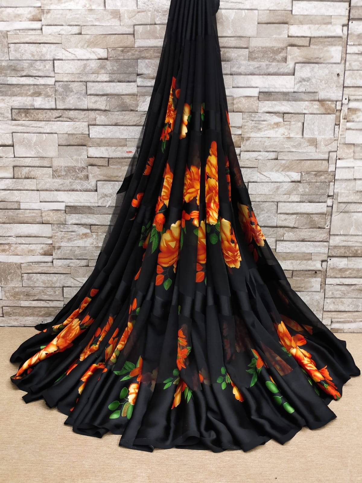     			SHIRODHARI Satin Printed Saree With Unstitched Blouse Piece ( Orange )