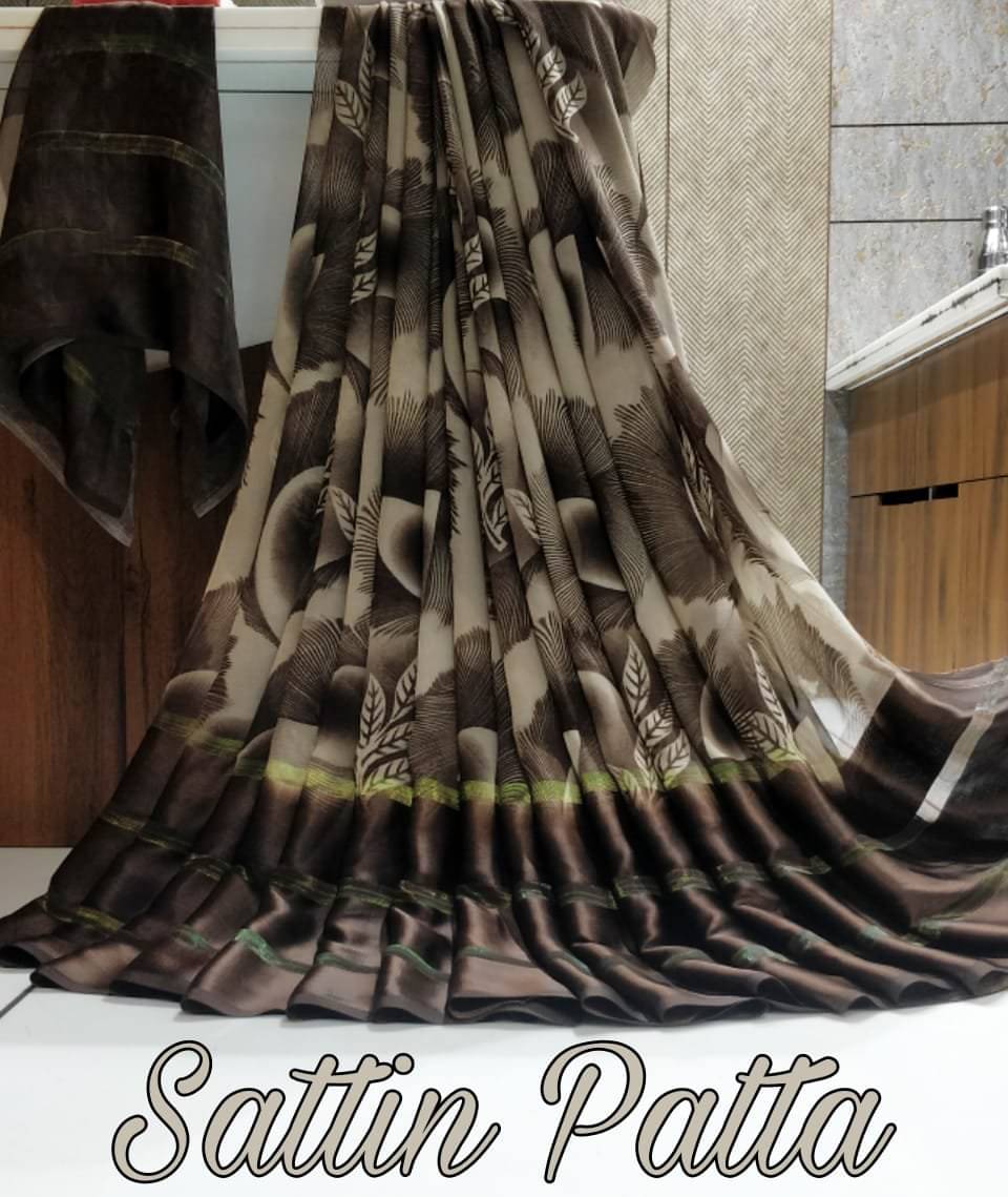 SHIRODHARI Satin Printed Saree With Unstitched Blouse Piece ( Brown ) SHIRODHARI Satin Printed Saree With Unstitched Blouse Piece ( Brown )