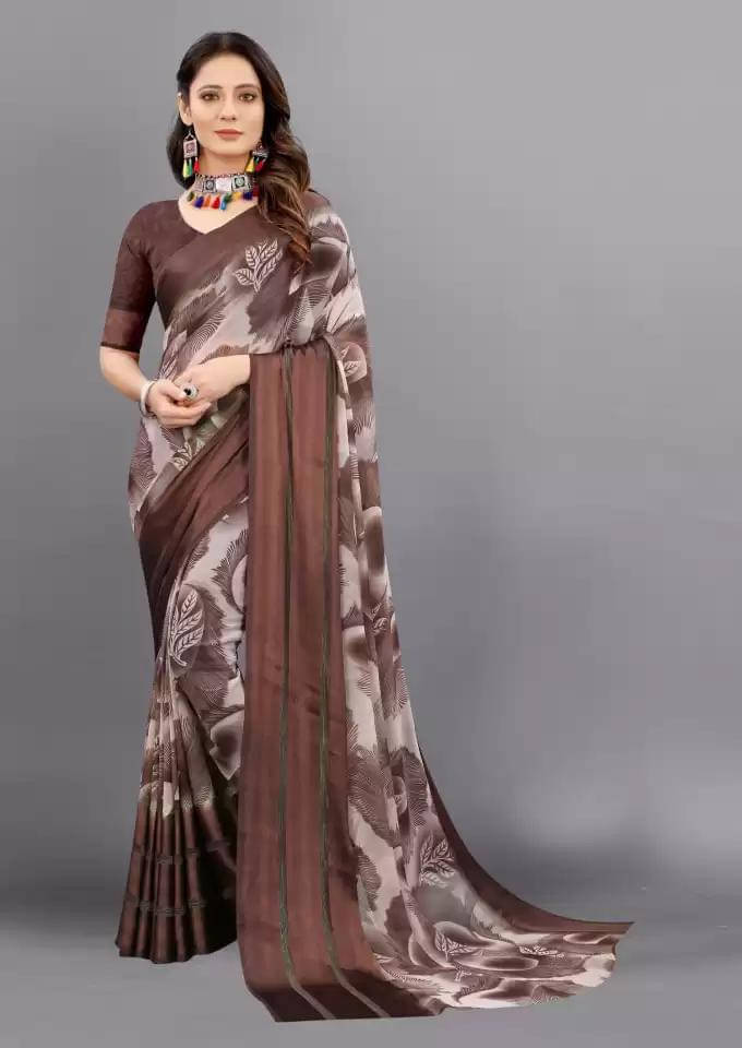     			SHIRODHARI Satin Printed Saree With Unstitched Blouse Piece ( Brown )