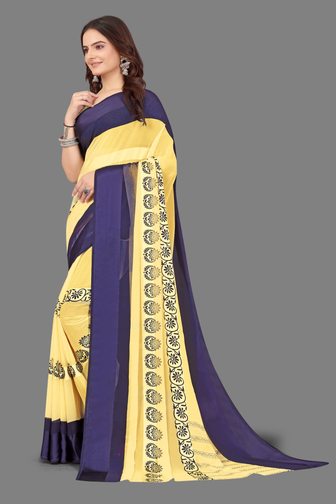     			SHIRODHARI Satin Printed Saree With Unstitched Blouse Piece ( Yellow )
