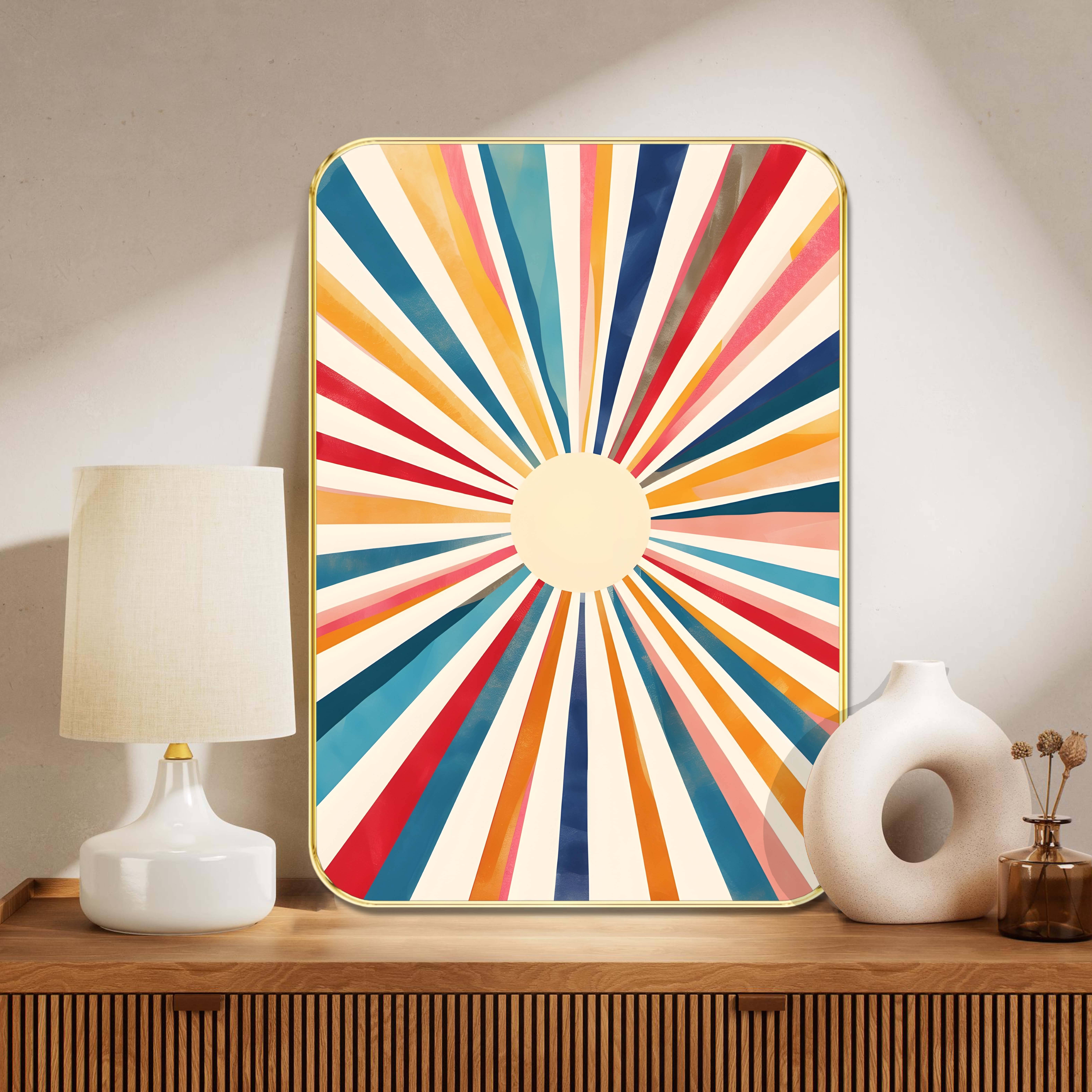 Sunray Radiance Wall Art Painting | Abstract Geometric Modern Art | Vibrant Multicolor Rays with Central Light Circle | Decorative Framed painting for Home & Office Sunray Radiance Wall Art Painting | Abstract Geometric Modern Art | Vibrant Multicolor Rays with Central Light Circle | Decorative Framed painting for Home & Office