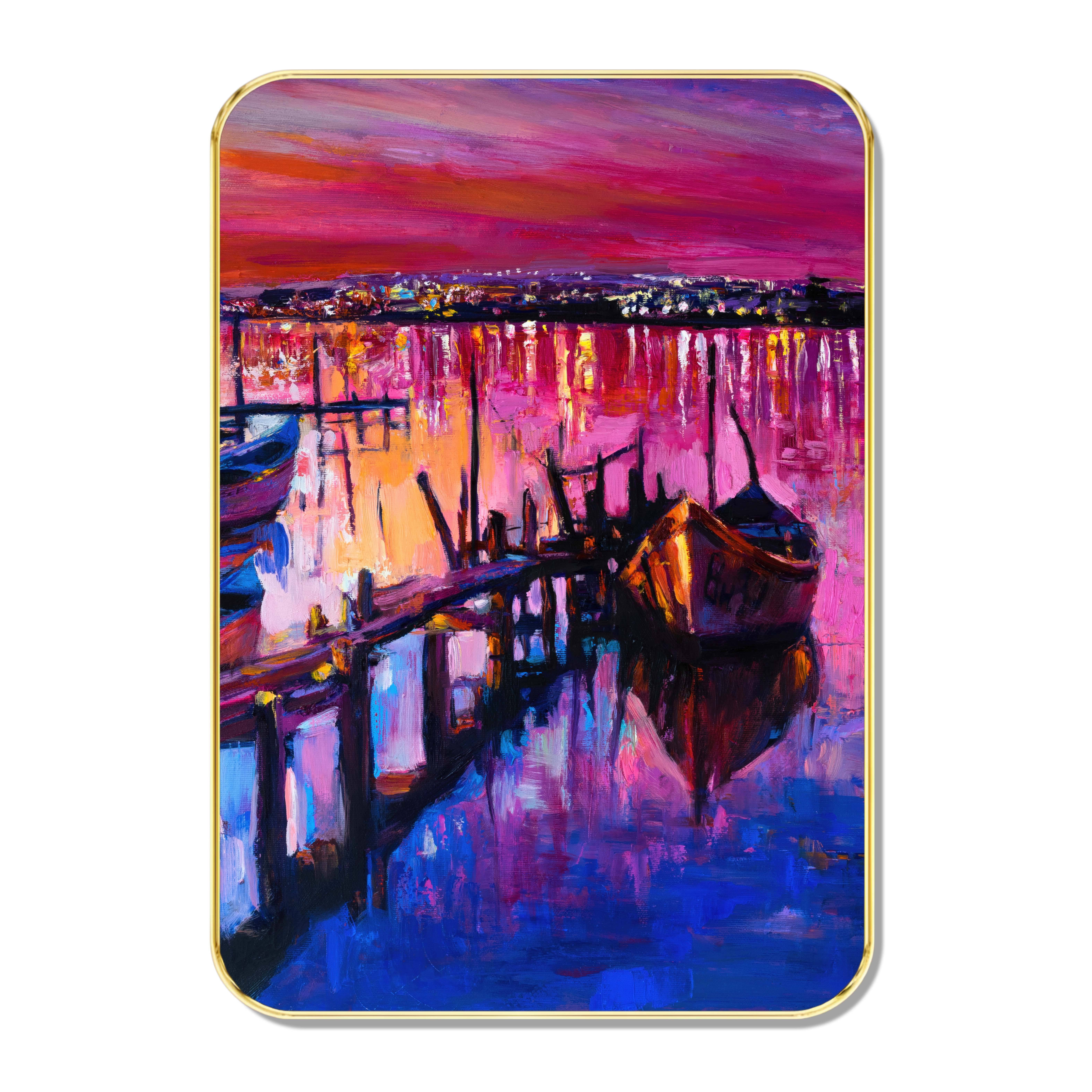     			Sunset Lake Boat Dock Wall Art | Vibrant Waterfront Painting for Living Room & Bedroom | Framed Abstract Art Painting