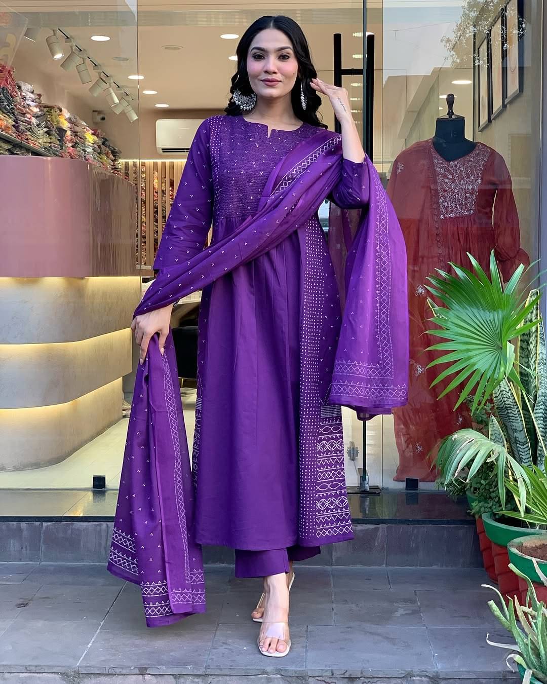     			Vaidehi Fashion Women Chanderi Silk Embroidered Anarkali Kurti With Pants ( Purple )