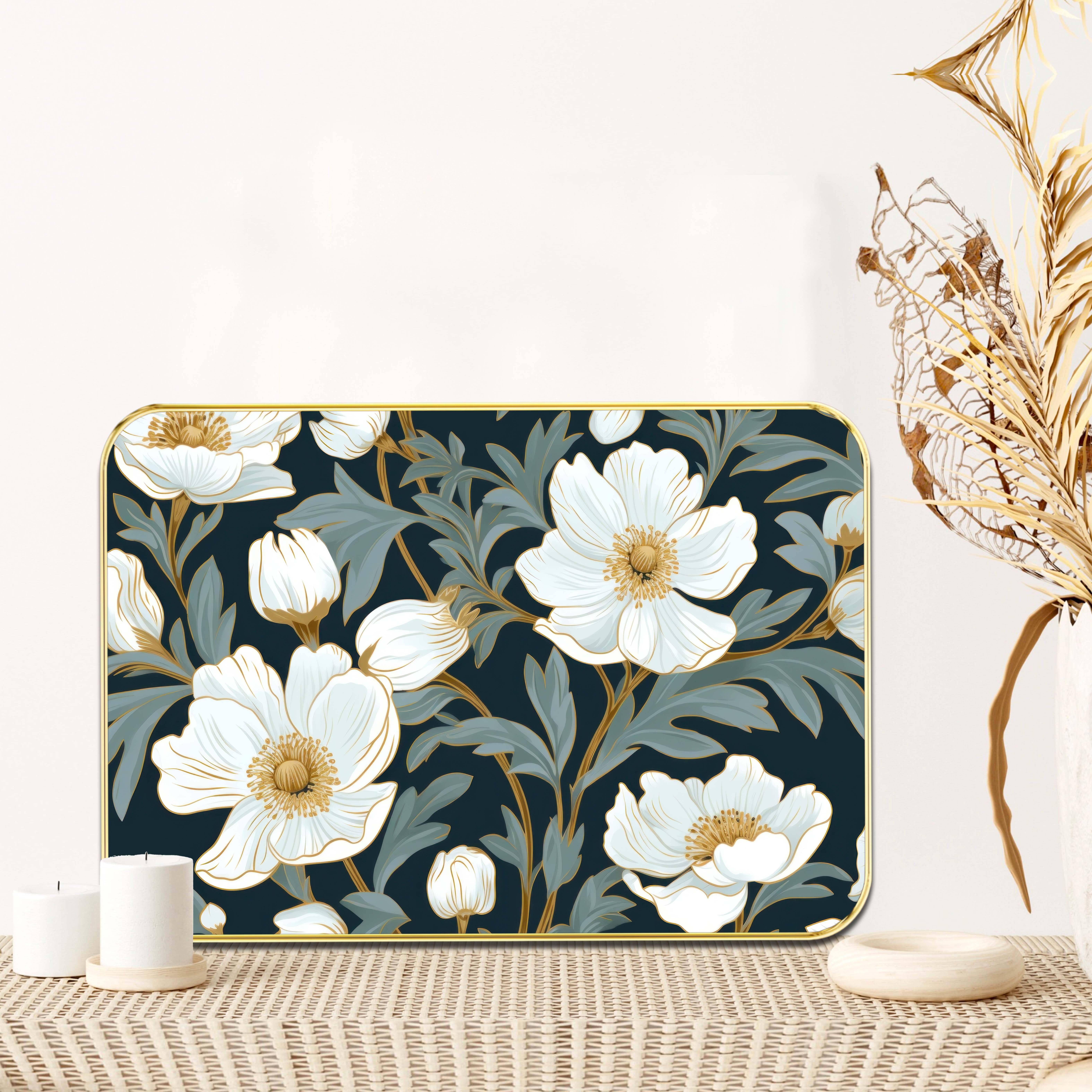 White Floral Botanical Wall Art | Elegant Garden-Inspired Bloom Pattern with Gold Detailing on Dark Blue | HD Print on Premium MDF | Framed Decorative Painting for Living Room, Bedroom, Office White Floral Botanical Wall Art | Elegant Garden-Inspired Bloom Pattern with Gold Detailing on Dark Blue | HD Print on Premium MDF | Framed Decorative Painting for Living Room, Bedroom, Office
