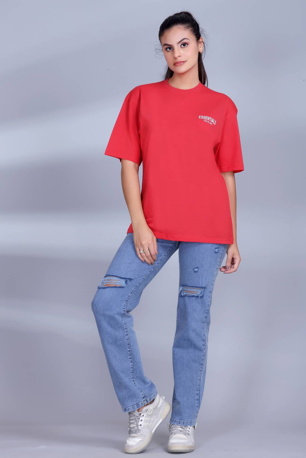     			ekadravin Women Cotton Printed Oversized Fit Round Neck T-Shirt ( Red )