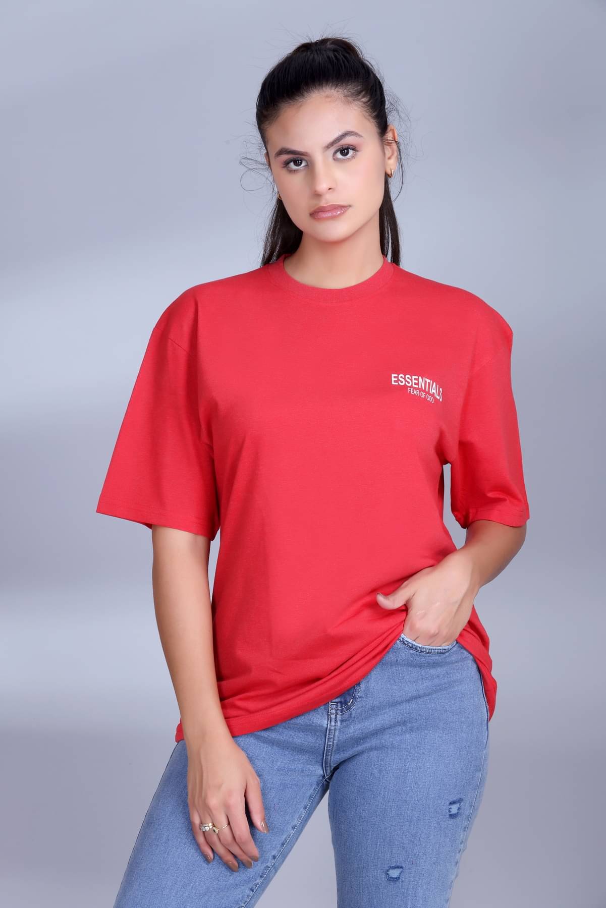     			ekadravin Women Cotton Printed Oversized Fit Round Neck T-Shirt ( Red )