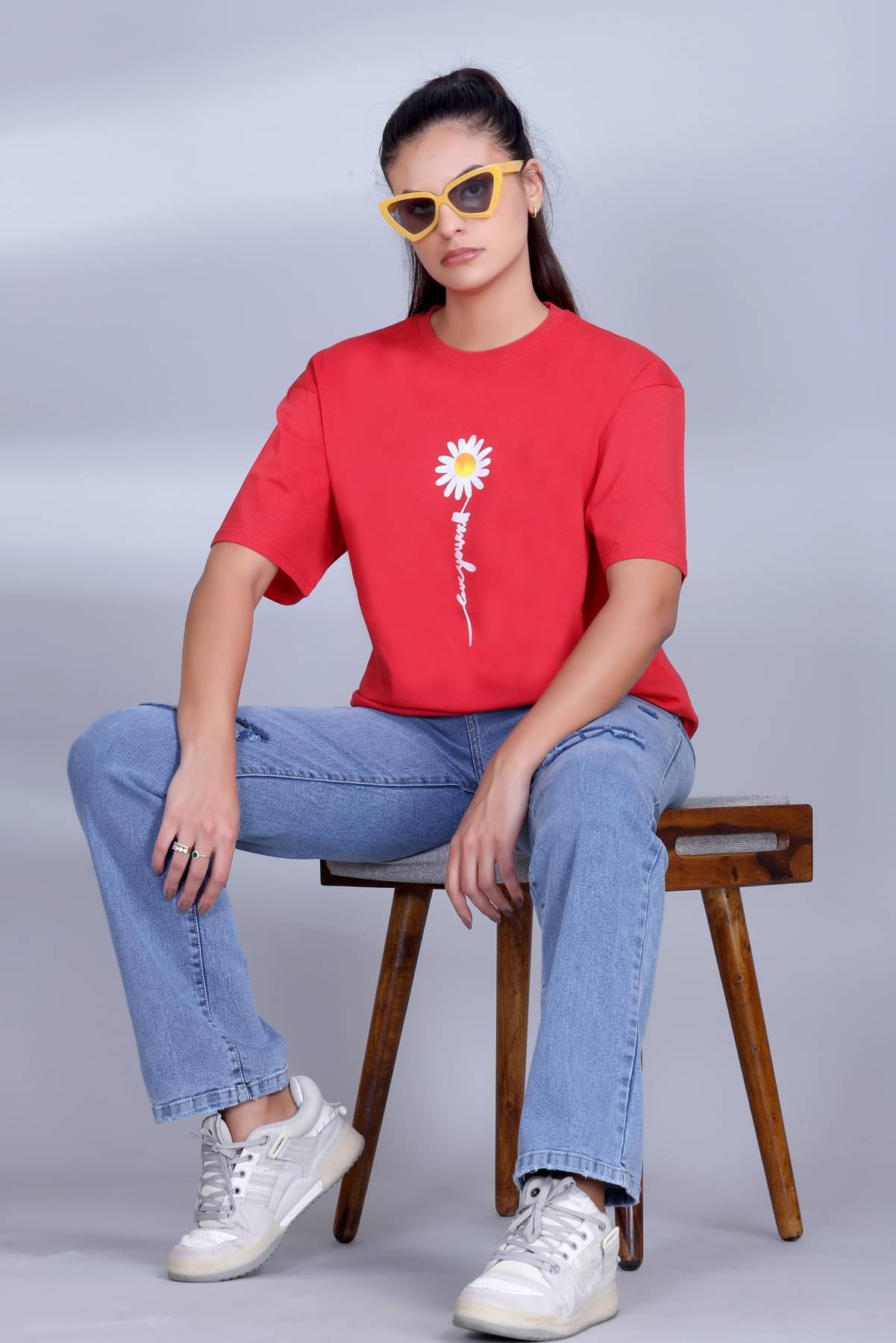 ekadravin Women Cotton Printed Oversized Fit Round Neck T-Shirt ( Red )     			ekadravin Women Cotton Printed Oversized Fit Round Neck T-Shirt ( Red )