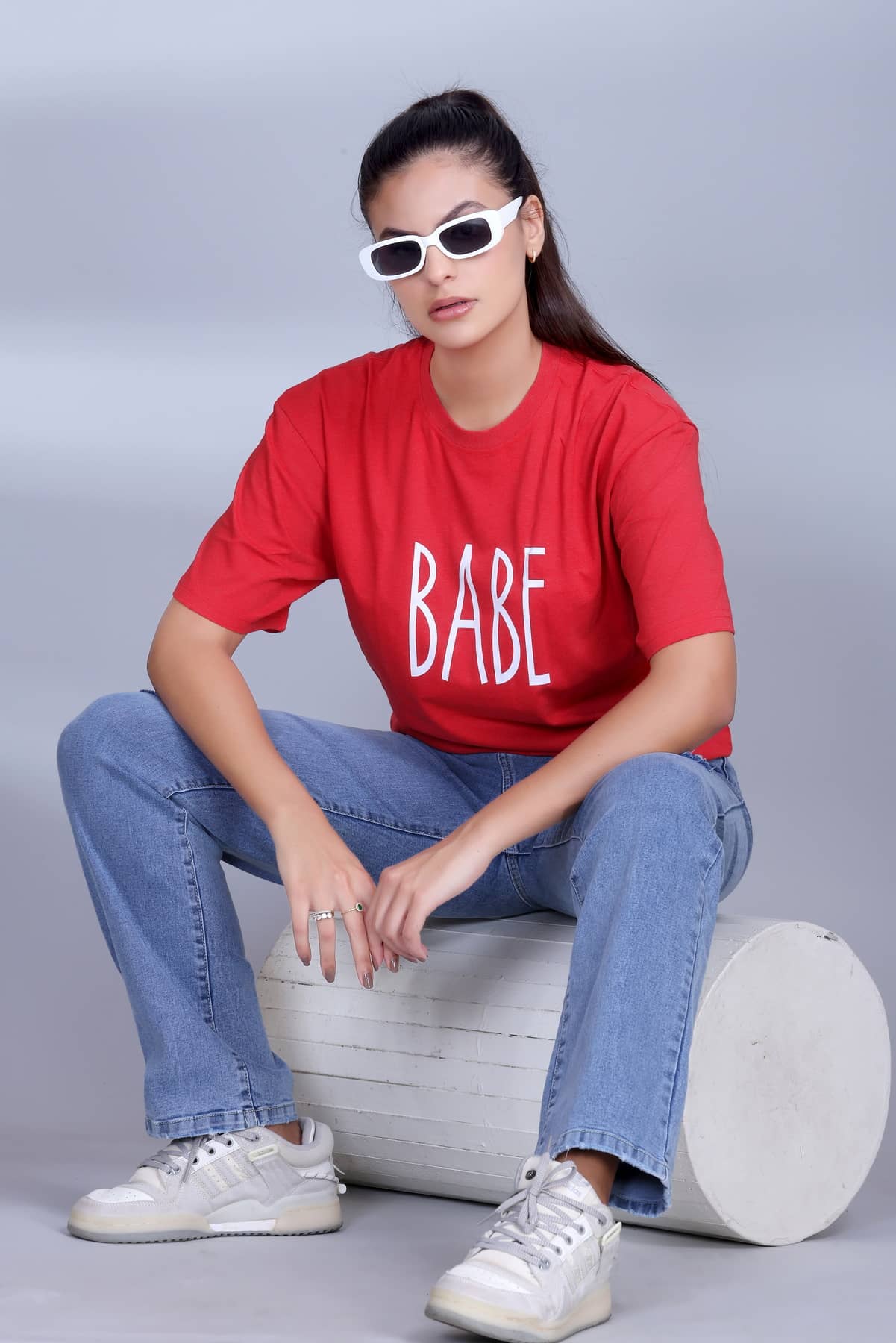 ekadravin Women Cotton Printed Oversized Fit Round Neck T-Shirt ( Red )