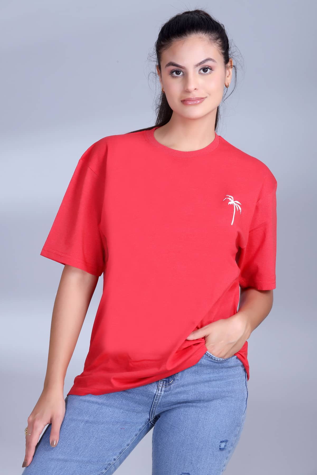 ekadravin Women Cotton Printed Oversized Fit Round Neck T-Shirt ( Red )