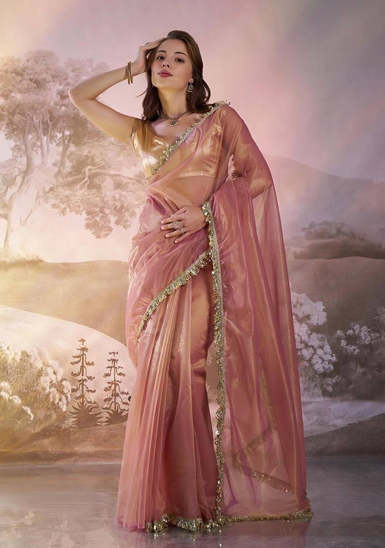 kyara group Net Solid Banarasi saree With Unstitched Blouse Piece ( Peach,Pink ) kyara group Net Solid Banarasi saree With Unstitched Blouse Piece ( Peach,Pink )
