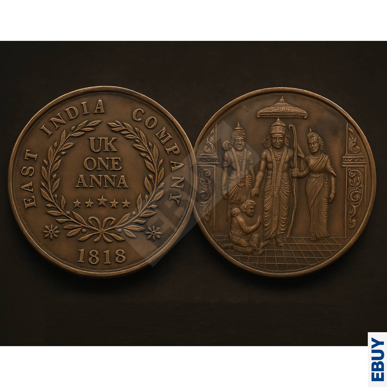 50 Gram Rare 1 Anna 1818 Ram, Sita, Hanuman and Laxman - India old Copper Coin     			50 Gram Rare 1 Anna 1818 Ram, Sita, Hanuman and Laxman - India old Copper Coin